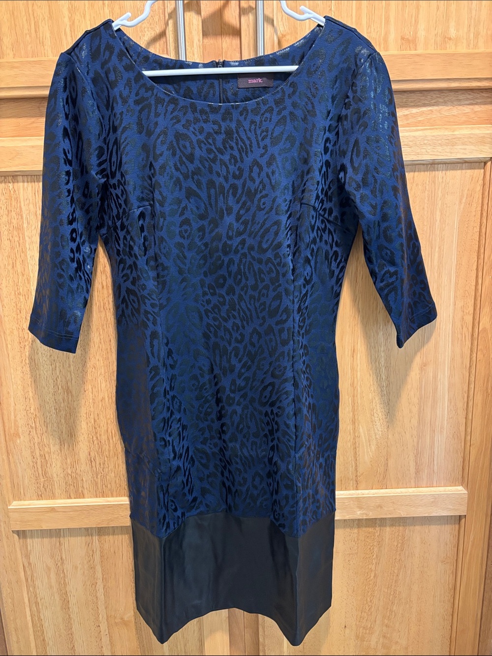 mark. Blue and Black Leopard Jacquard Dress with Faux Leather Hem